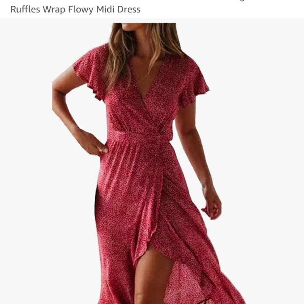 Elegant Red Ruffles Wrap Dress